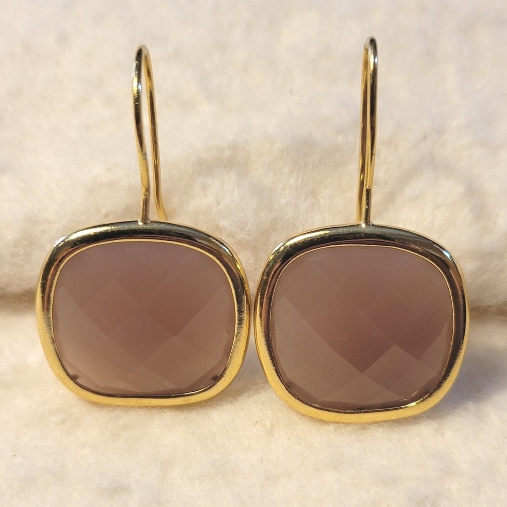 Faux Pink Rose Quartz Gold Tone Pierced French Hook 1.25" Earrings